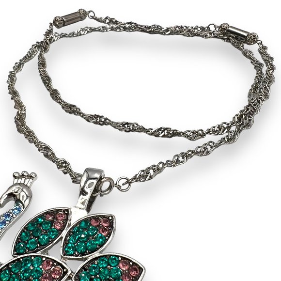 RMN Roman Signed HUGE Green/Blue/Pink Rhinestone PEACOCK Bird Pendant Necklace - Picture 10 of 10
